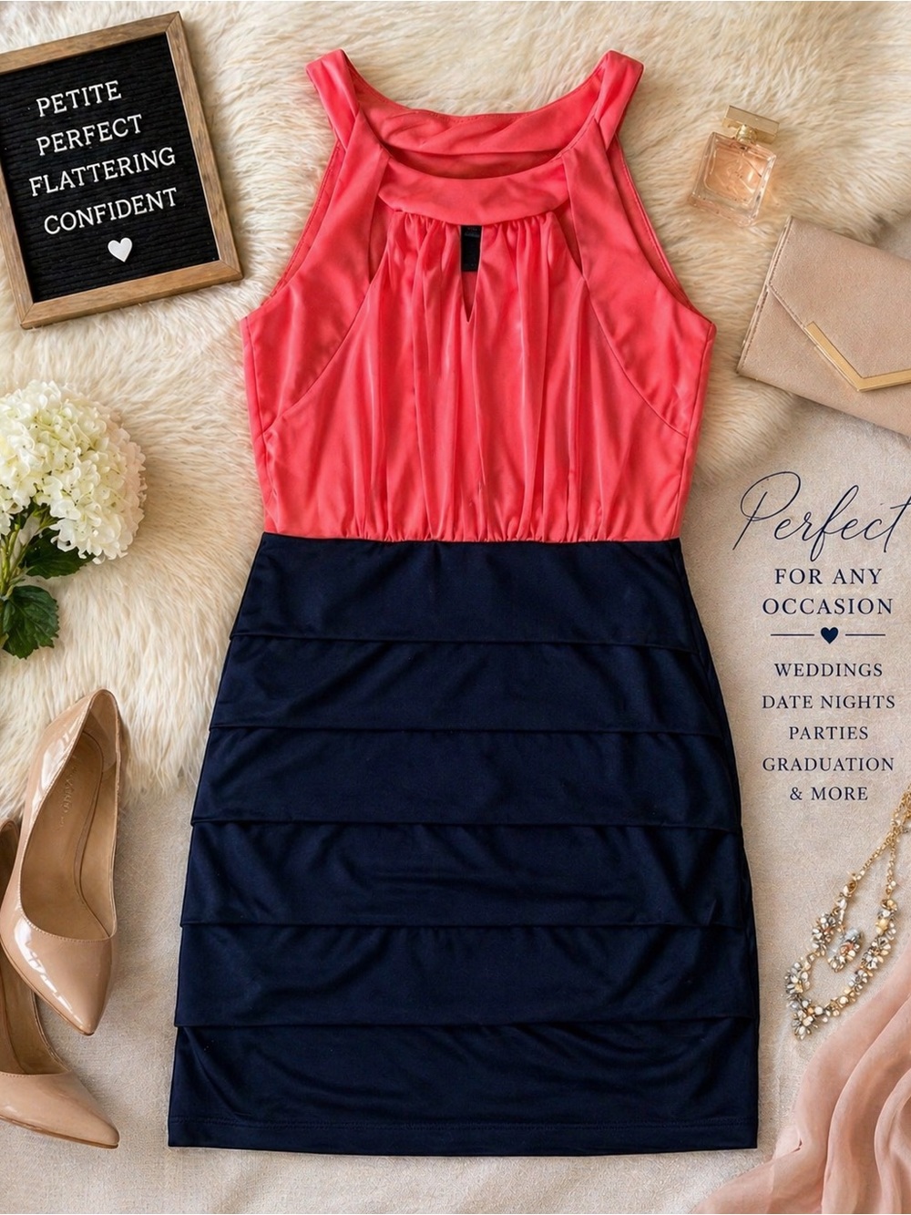 En Focus Petite Coral & Navy Colorblock Dress Size 4P Sleeveless Ruched